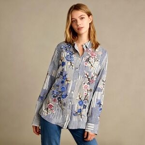 Johnny Was Western Seamed Silk Shirt Floral Embroidered S